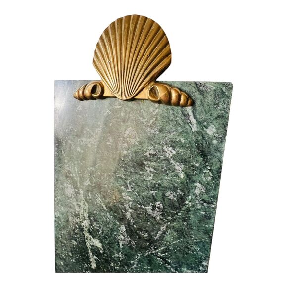 Vintage Green Marble Stone Cheese Charcuterie Board Brass Shell Handle Regency - Picture 3 of 11